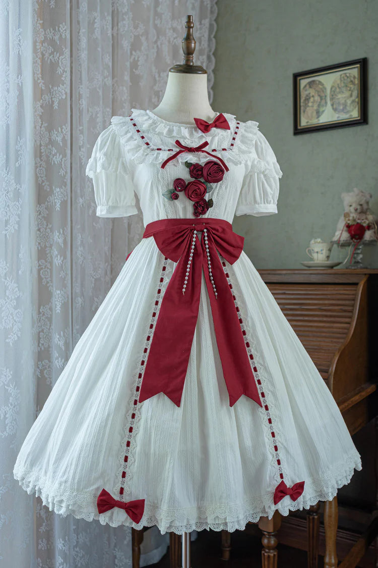 This collection offers two timeless interpretations of Lolita elegance: the profound mystery of classic black and the pristine sweetness of pearl white. Both versions feature the same meticulous design—playful short sleeves, cascading ruffles, and satin bow accents—allowing wearers to choose a hue that reflects their unique style narrative. Whether embodying poetic darkness or luminous innocence, each dress celebrates the harmonious balance between tradition and fantasy.