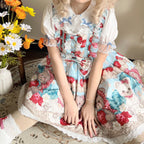 Sweet Lolita Blue Apricot Printed Strawberry Bear Dress Jumper Skirt