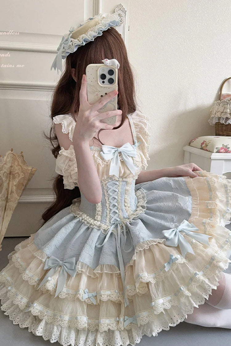 The Blue&nbsp;Ballet Lolita JSK Dress is designed to express freshness and elegance with a sweet, playful twist. Featuring double-layered ruffles, delicate lace trim, and charming bow accents, it creates a graceful silhouette inspired by ballet costumes. The lace-up design adds adjustability and refinement, ensuring comfort along with beauty. In a lively green tone, this dress is perfect for tea parties, gatherings, or special occasions, embodying the whimsical spirit of Sweet Lolita fashion.
