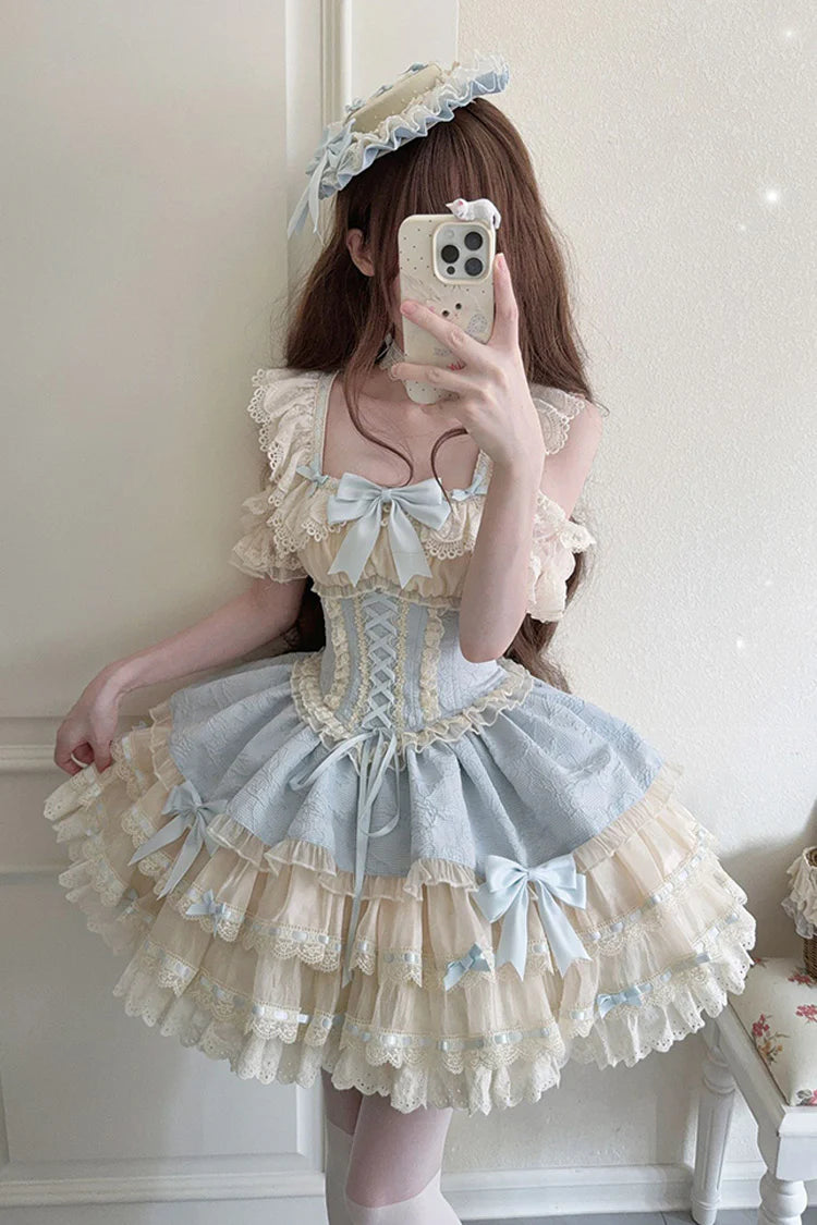 The Blue&nbsp;Ballet Lolita JSK Dress is designed to express freshness and elegance with a sweet, playful twist. Featuring double-layered ruffles, delicate lace trim, and charming bow accents, it creates a graceful silhouette inspired by ballet costumes. The lace-up design adds adjustability and refinement, ensuring comfort along with beauty. In a lively green tone, this dress is perfect for tea parties, gatherings, or special occasions, embodying the whimsical spirit of Sweet Lolita fashion.