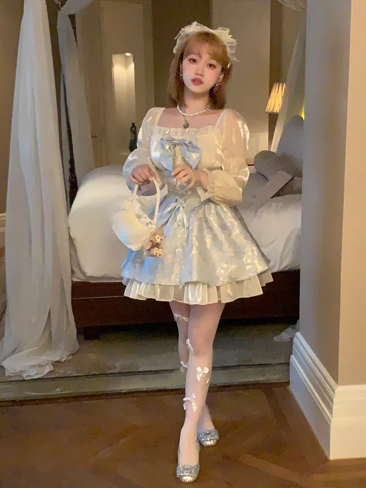 Sweet Lolita Blue Morpho Butterfly Jacquard Sweet Bow Dress Strap Waist Skirt Light Lolita Casual Coord