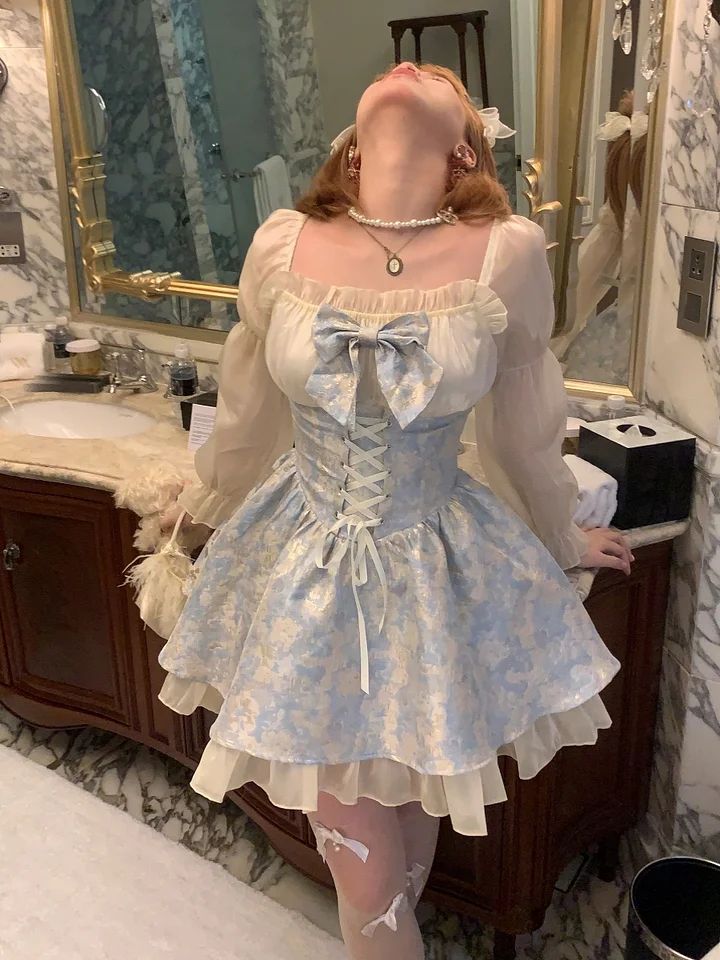 Sweet Lolita Blue Morpho Butterfly Jacquard Sweet Bow Dress Strap Waist Skirt Light Lolita Casual Coord