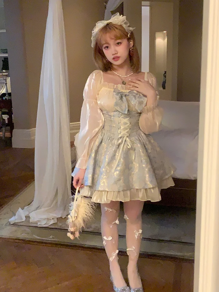 Sweet Lolita Blue Morpho Butterfly Jacquard Sweet Bow Dress Strap Waist Skirt Light Lolita Casual Coord