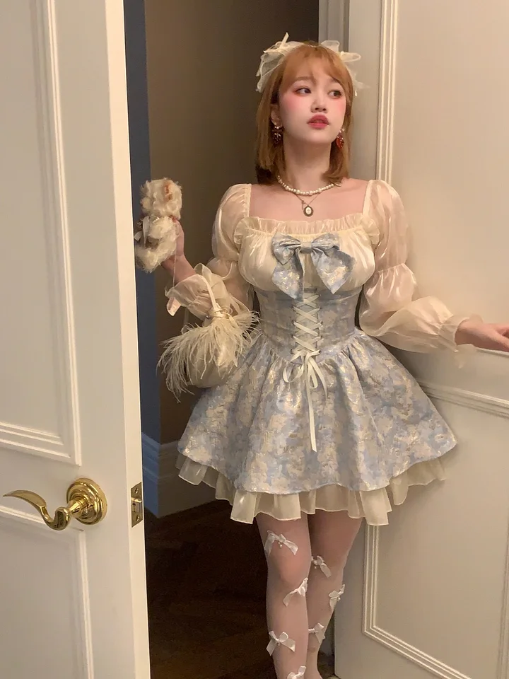 Sweet Lolita Blue Morpho Butterfly Jacquard Sweet Bow Dress Strap Waist Skirt Light Lolita Casual Coord
