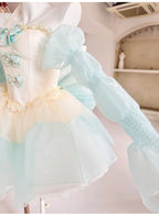 Hime Lolita Blue Pink Cream Sleeveless Ruffled Bow - Detailed Lace - Trimmed