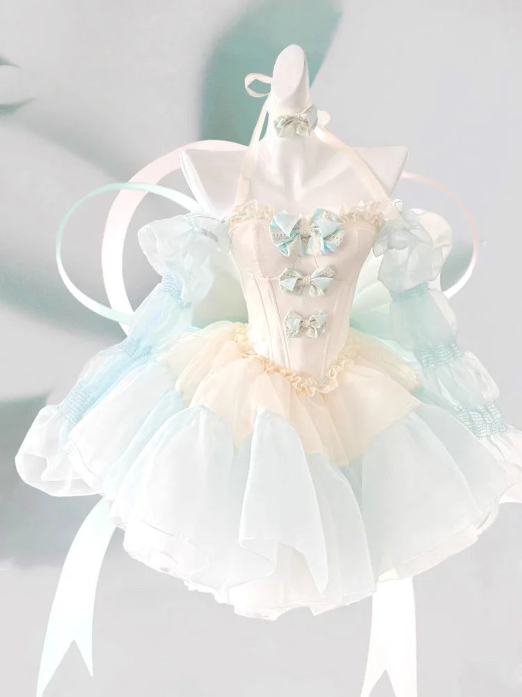 Hime Lolita Blue Pink Cream Sleeveless Ruffled Bow - Detailed Lace - Trimmed