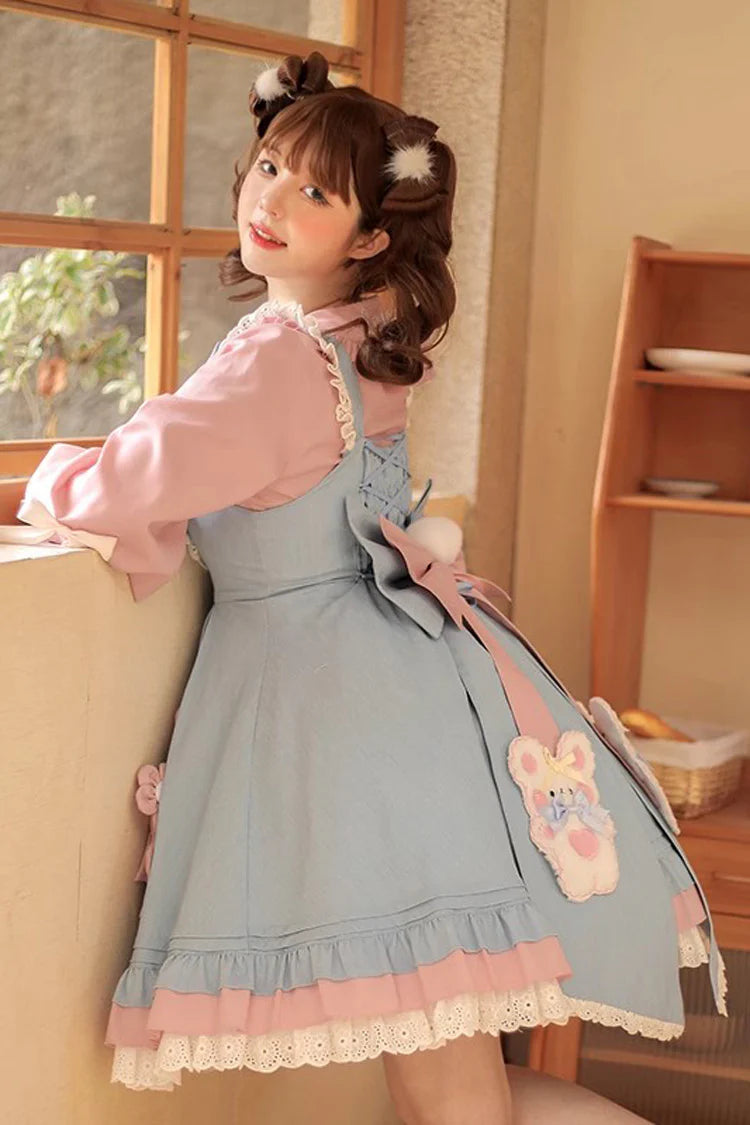 The Blue Pink Plum Blossom Rabbit Lolita Dress is designed to capture a soft, whimsical charm. Adorned with delicate plum blossom motifs and playful rabbit details, it blends seasonal elegance with a touch of fantasy. Layered ruffles and sweet bowknots enhance its girlish silhouette, while the pastel blue and pink tones add freshness and romance. Perfect for gatherings, tea parties, or daily wear, this dress reflects the dreamy essence of Sweet Lolita fashion.