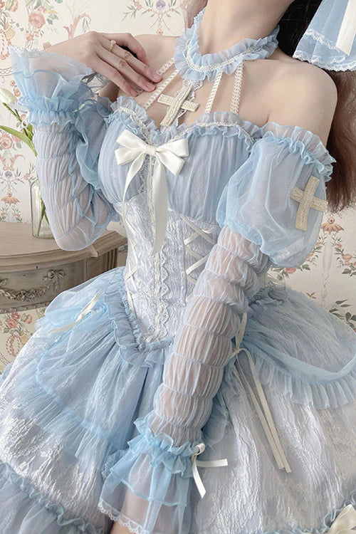 Inspired by the serene beauty of a summer sky meeting the sea, this dress captures the essence of effortless elegance. The strapless halter neckline offers a modern yet romantic silhouette, while layered ruffles and delicate bows create movement and playfulness. Crafted in a soothing blue hue, it blends sweetness with sophistication—perfect for the dreamer who finds magic in both sunlight and starlight.