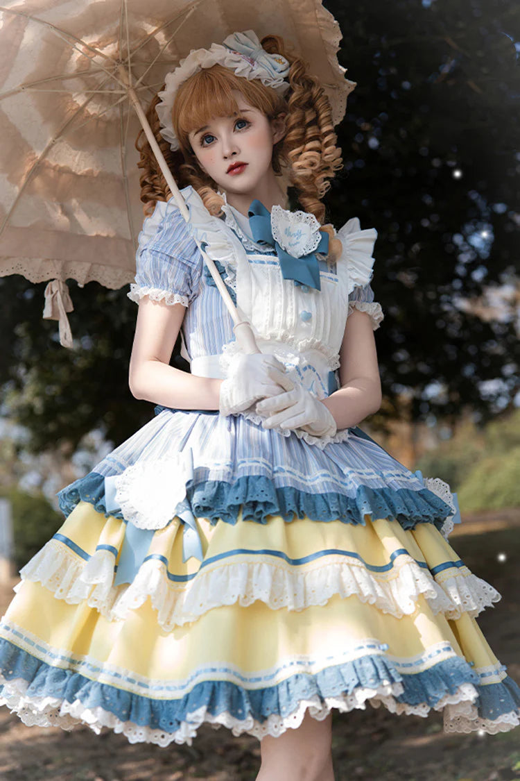 This Blue/Yellow Sweet Lolita Dress captures a playful yet elegant charm with its triple-layered ruffles and delicate lace trim. The short sleeves and bowknot details highlight a youthful, girlish appeal, while the soft color combination adds a cheerful, refreshing touch. Designed with a flowing silhouette that balances sweetness and grace, it is perfect for tea parties, summer gatherings, or daily wear. A versatile piece that embodies the whimsical beauty of Japanese Lolita fashion.