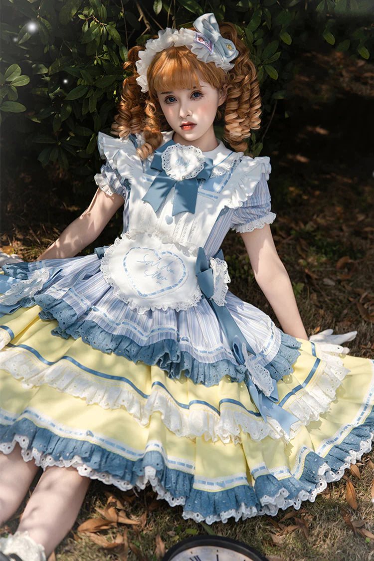 This Blue/Yellow Sweet Lolita Dress captures a playful yet elegant charm with its triple-layered ruffles and delicate lace trim. The short sleeves and bowknot details highlight a youthful, girlish appeal, while the soft color combination adds a cheerful, refreshing touch. Designed with a flowing silhouette that balances sweetness and grace, it is perfect for tea parties, summer gatherings, or daily wear. A versatile piece that embodies the whimsical beauty of Japanese Lolita fashion.