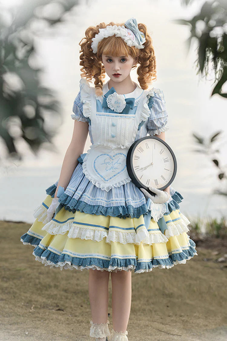 This Blue/Yellow Sweet Lolita Dress captures a playful yet elegant charm with its triple-layered ruffles and delicate lace trim. The short sleeves and bowknot details highlight a youthful, girlish appeal, while the soft color combination adds a cheerful, refreshing touch. Designed with a flowing silhouette that balances sweetness and grace, it is perfect for tea parties, summer gatherings, or daily wear. A versatile piece that embodies the whimsical beauty of Japanese Lolita fashion.