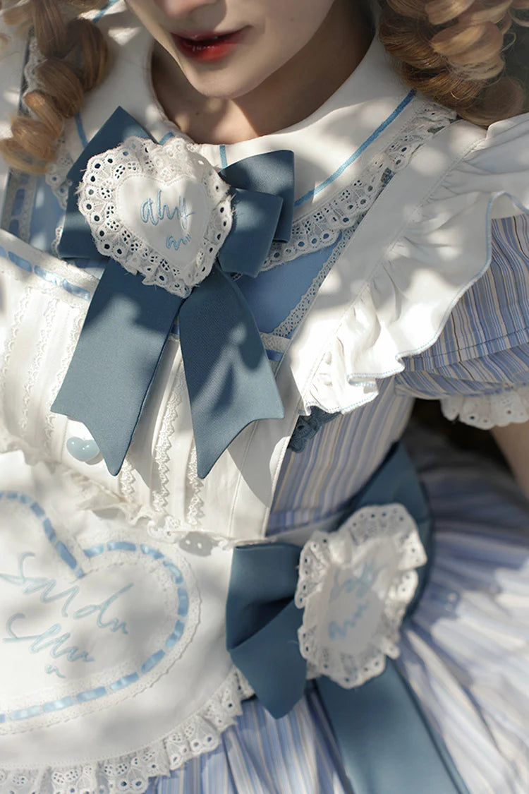 This Blue/Yellow Sweet Lolita Dress captures a playful yet elegant charm with its triple-layered ruffles and delicate lace trim. The short sleeves and bowknot details highlight a youthful, girlish appeal, while the soft color combination adds a cheerful, refreshing touch. Designed with a flowing silhouette that balances sweetness and grace, it is perfect for tea parties, summer gatherings, or daily wear. A versatile piece that embodies the whimsical beauty of Japanese Lolita fashion.