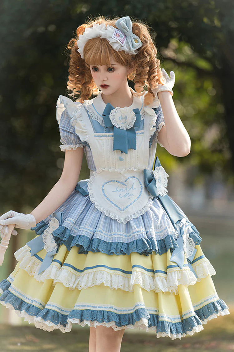 This Blue/Yellow Sweet Lolita Dress captures a playful yet elegant charm with its triple-layered ruffles and delicate lace trim. The short sleeves and bowknot details highlight a youthful, girlish appeal, while the soft color combination adds a cheerful, refreshing touch. Designed with a flowing silhouette that balances sweetness and grace, it is perfect for tea parties, summer gatherings, or daily wear. A versatile piece that embodies the whimsical beauty of Japanese Lolita fashion.