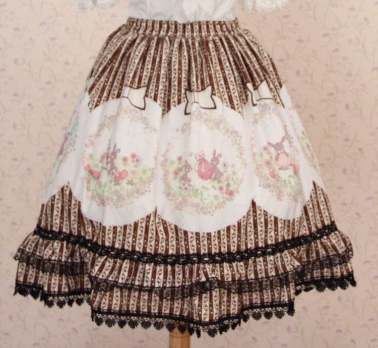 Classic Lolita Brown Striped Rabbit Pleated Skirt Dresses