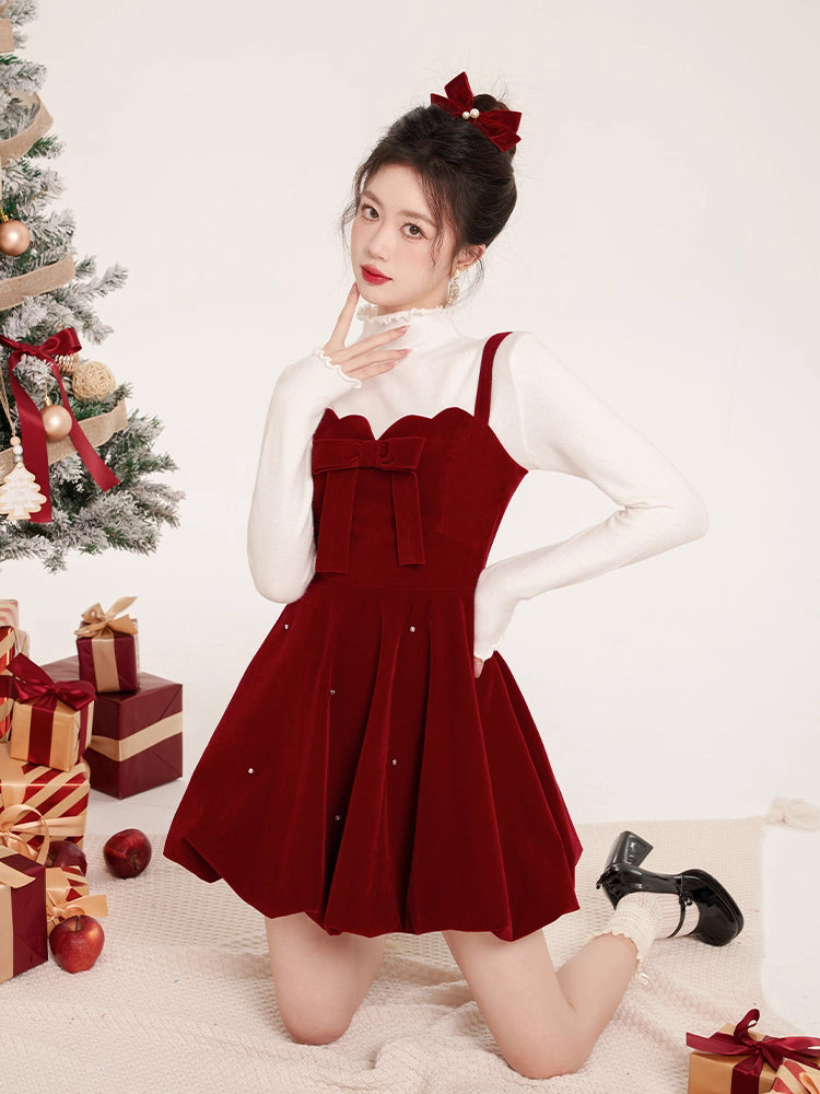 Inspired by the elegance of French luxury and winter opulence, this dress combines plush velvet with a dramatic A-line silhouette. The delicate butterfly clip detail adds a touch of whimsy, while the rich black and red palette exudes sophistication. Designed to blend timeless romance with modern princess charm, it creates a striking statement for winter celebrations.
