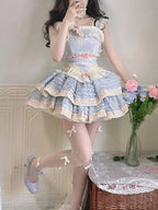 Sweet Lolita Pink Blue Cherry Blossom Ballet Style Lace Ruffle Edge Princess Dress