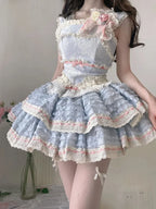 Sweet Lolita Pink Blue Cherry Blossom Ballet Style Lace Ruffle Edge Princess Dress