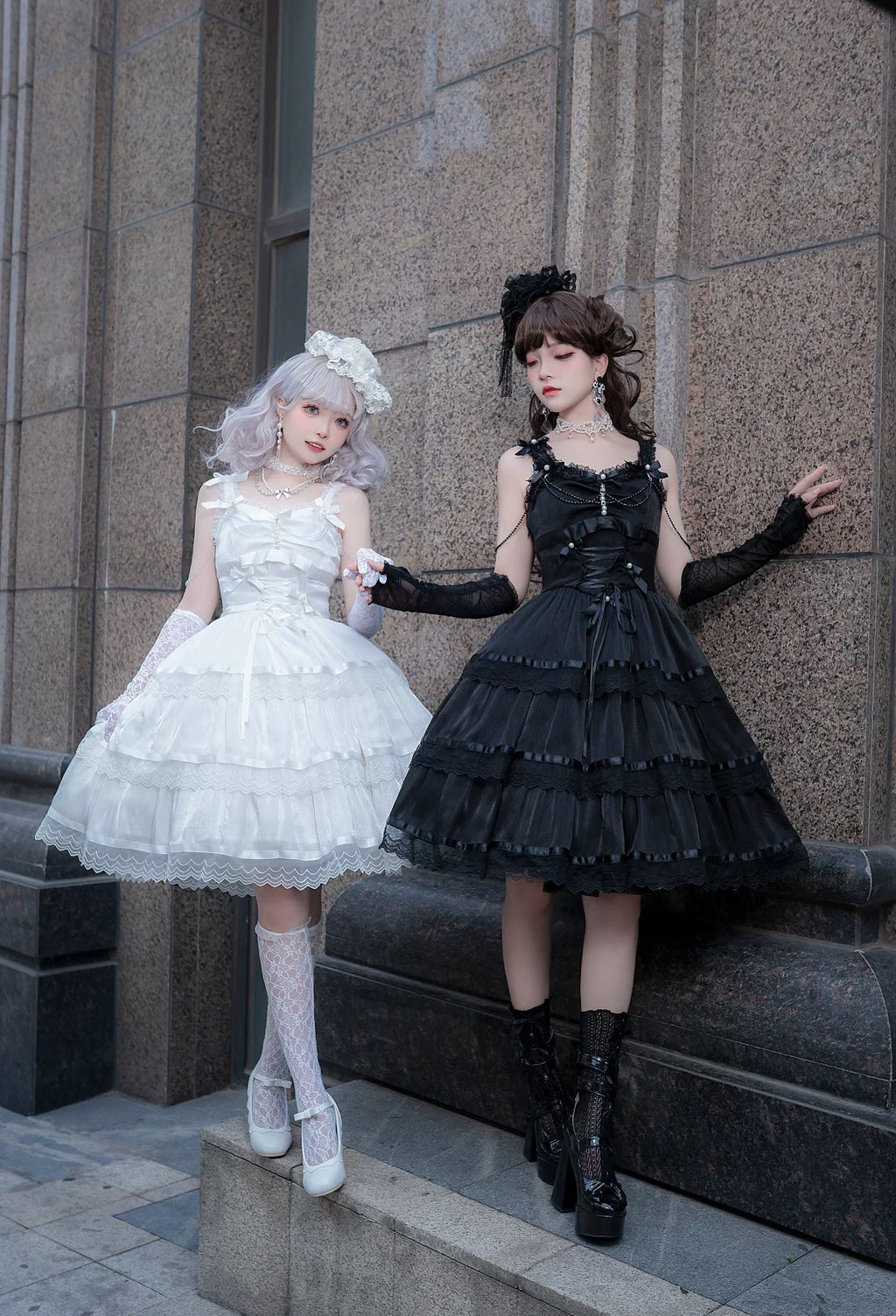 Sweet Lolita Chiffon Lace White Black Dress Bridal Goth JSK Elegant Dresses