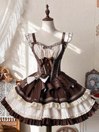 Sweet Lolita Chocolate Cake Cream Dress with Corset Summer Brown  Flying Sleeves Waist Skinny Bow