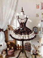 Sweet Lolita Chocolate Cake Cream Dress with Corset Summer Brown  Flying Sleeves Waist Skinny Bow