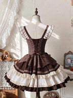 Sweet Lolita Chocolate Cake Cream Dress with Corset Summer Brown  Flying Sleeves Waist Skinny Bow