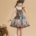 Sweet Lolita Chocolate Dress Brown Blue with Bear Motifs Cream Cake Lolita Jumper Skirt