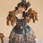 Sweet Lolita Chocolate Dress Brown Blue with Bear Motifs Cream Cake Lolita Jumper Skirt