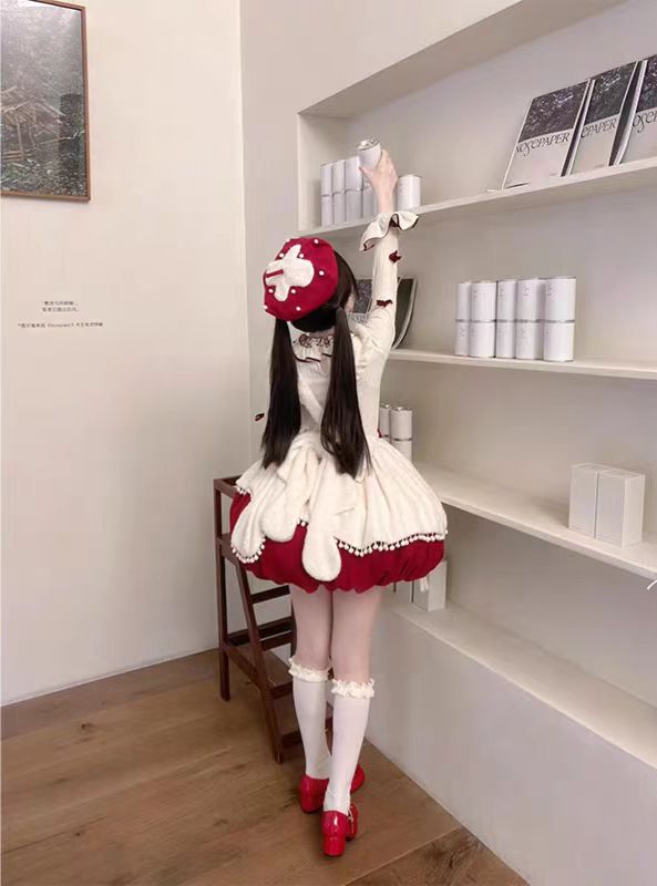 Sweet Lolita Christmas Doll Strawberry Puff SK Dress Cute Festive Lolita Outfit