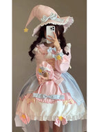 Capturing the magic of Christmas through a confectionery-inspired color story, this dress blends festive joy with timeless Lolita elegance. The voluminous skirt and delicate long sleeves create a fairy-tale silhouette, while the blue and pink palette offers a fresh twist on holiday styling. Designed for both special occasions and whimsical daily wear, it embodies the wonder of the season with every detail.
