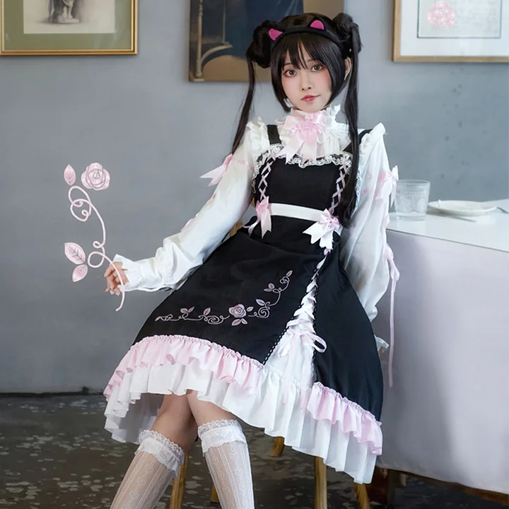 Sweet Lolita Classic Black with Pink Jsk Dress Ruffle Edge Skirt Sweet Cool Wind Dark Sweet