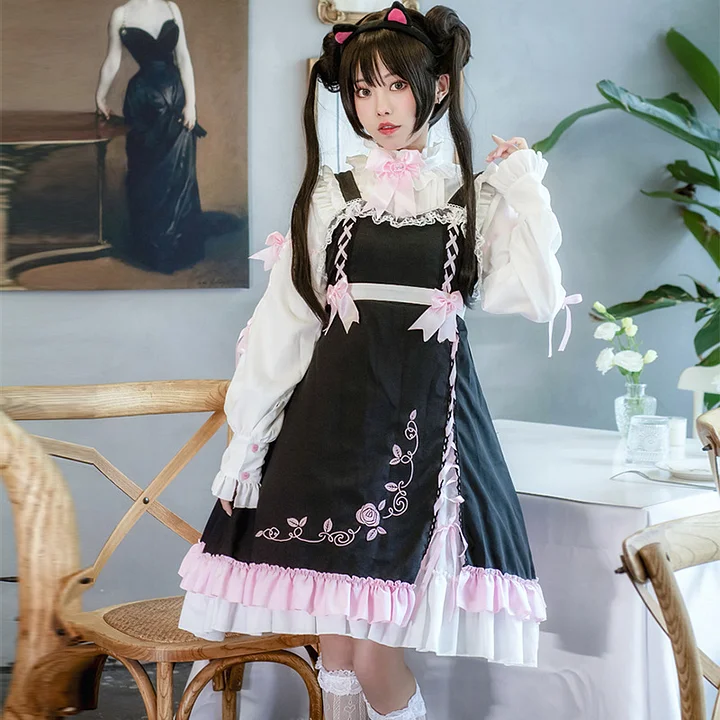 Sweet Lolita Classic Black with Pink Jsk Dress Ruffle Edge Skirt Sweet Cool Wind Dark Sweet