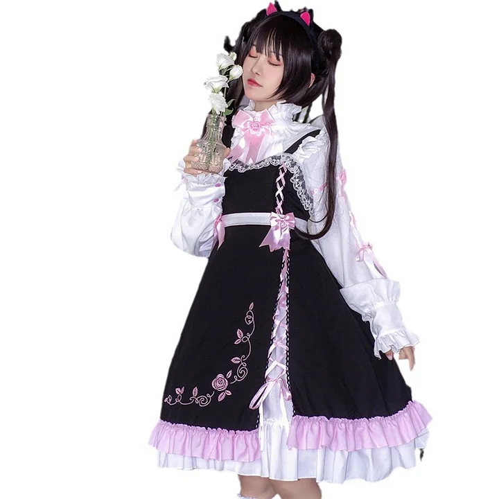 Sweet Lolita Classic Black with Pink Jsk Dress Ruffle Edge Skirt Sweet Cool Wind Dark Sweet