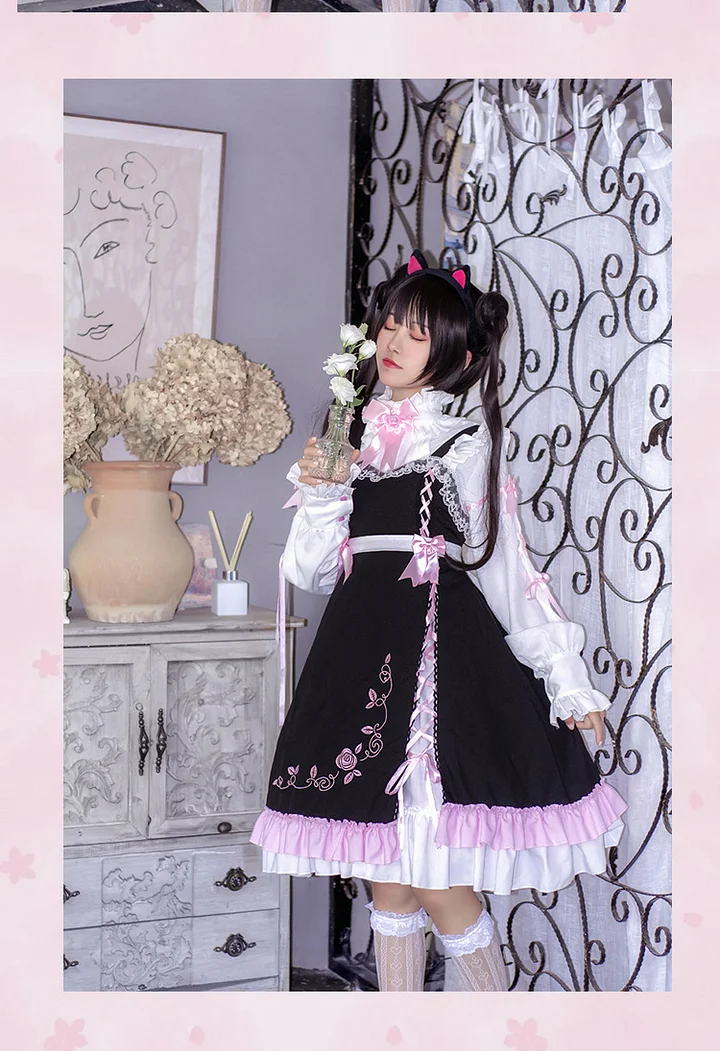 Sweet Lolita Classic Black with Pink Jsk Dress Ruffle Edge Skirt Sweet Cool Wind Dark Sweet