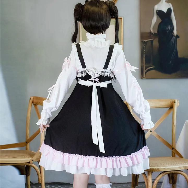 Sweet Lolita Classic Black with Pink Jsk Dress Ruffle Edge Skirt Sweet Cool Wind Dark Sweet