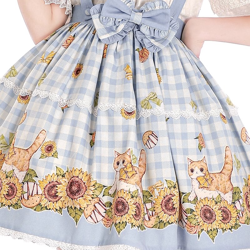 Sweet Lolita Classic Green Pastoral Sunshine Cat Lolita Strap SK Sunflower Print Lolita Skirt Lolita Dresses