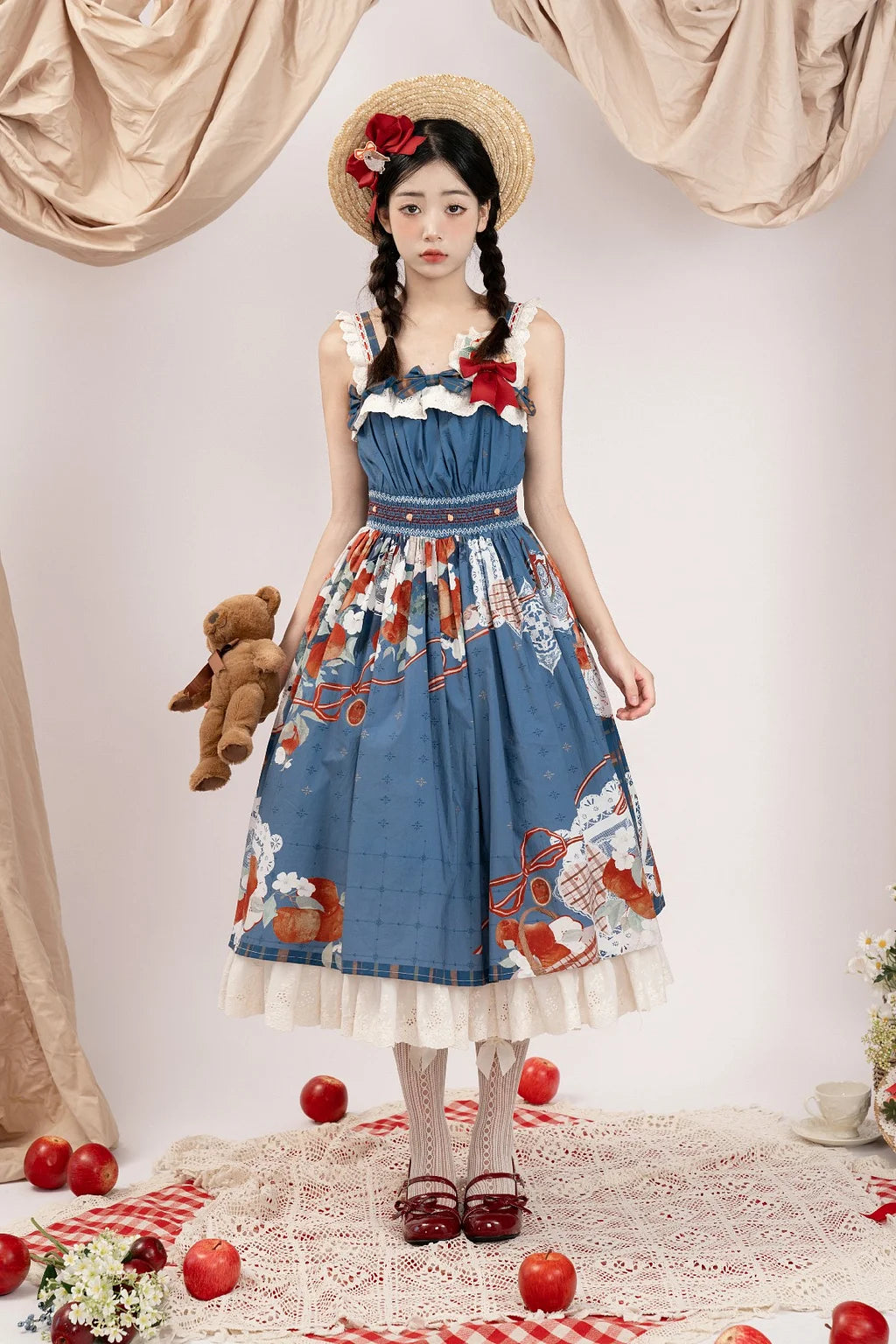 Classic Lolita Vintage Fruit Print Blue Dress High Waist Original Printed Spring and Autumn Daily Outfit