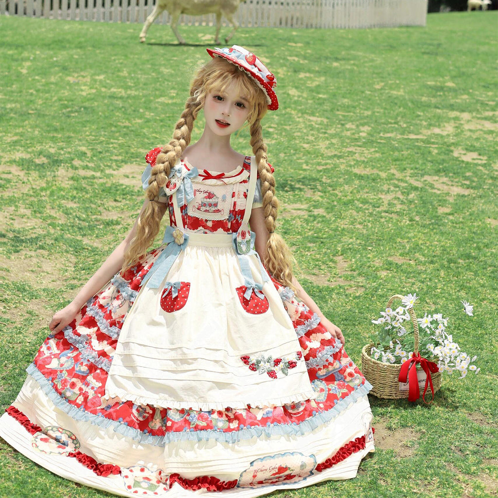 Sweet Lolita Cream Red Idyllic Strawberry Print Dress one piece