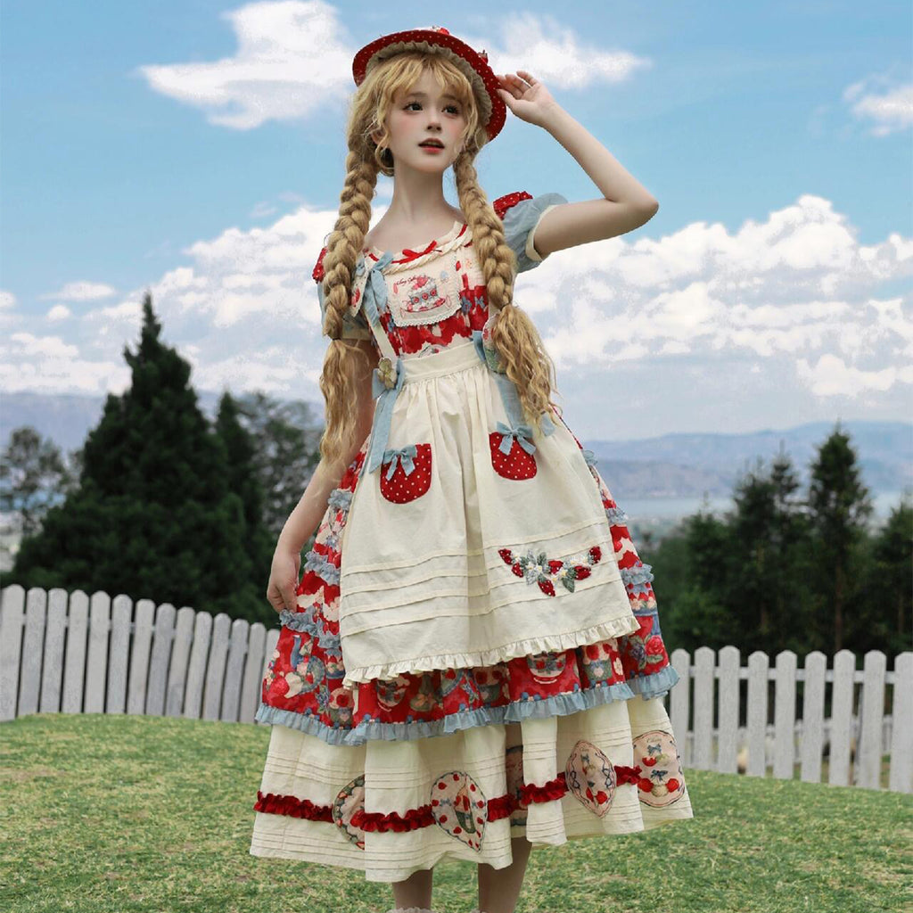 Sweet Lolita Cream Red Idyllic Strawberry Print Dress one piece