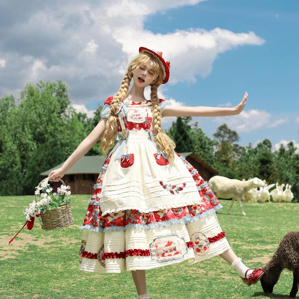 Sweet Lolita Cream Red Idyllic Strawberry Print Dress one piece