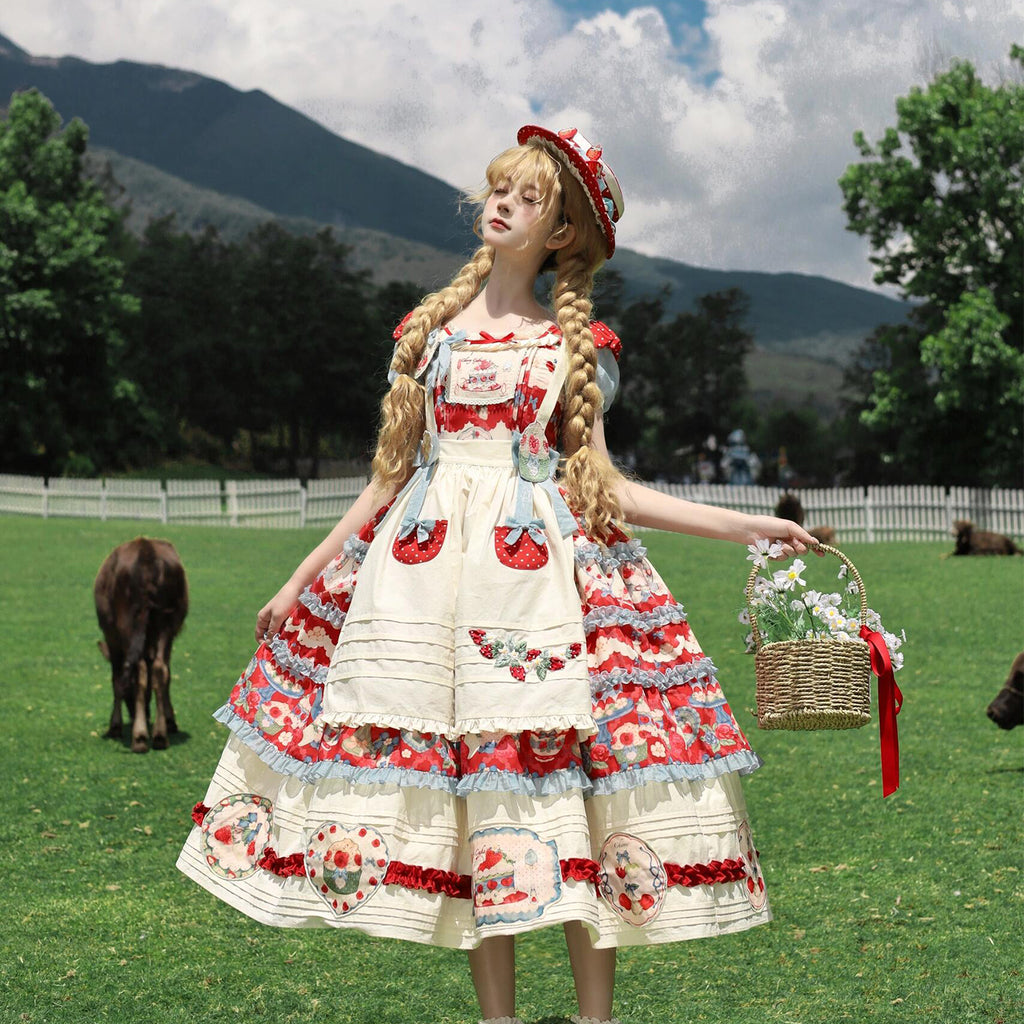 Sweet Lolita Cream Red Idyllic Strawberry Print Dress one piece