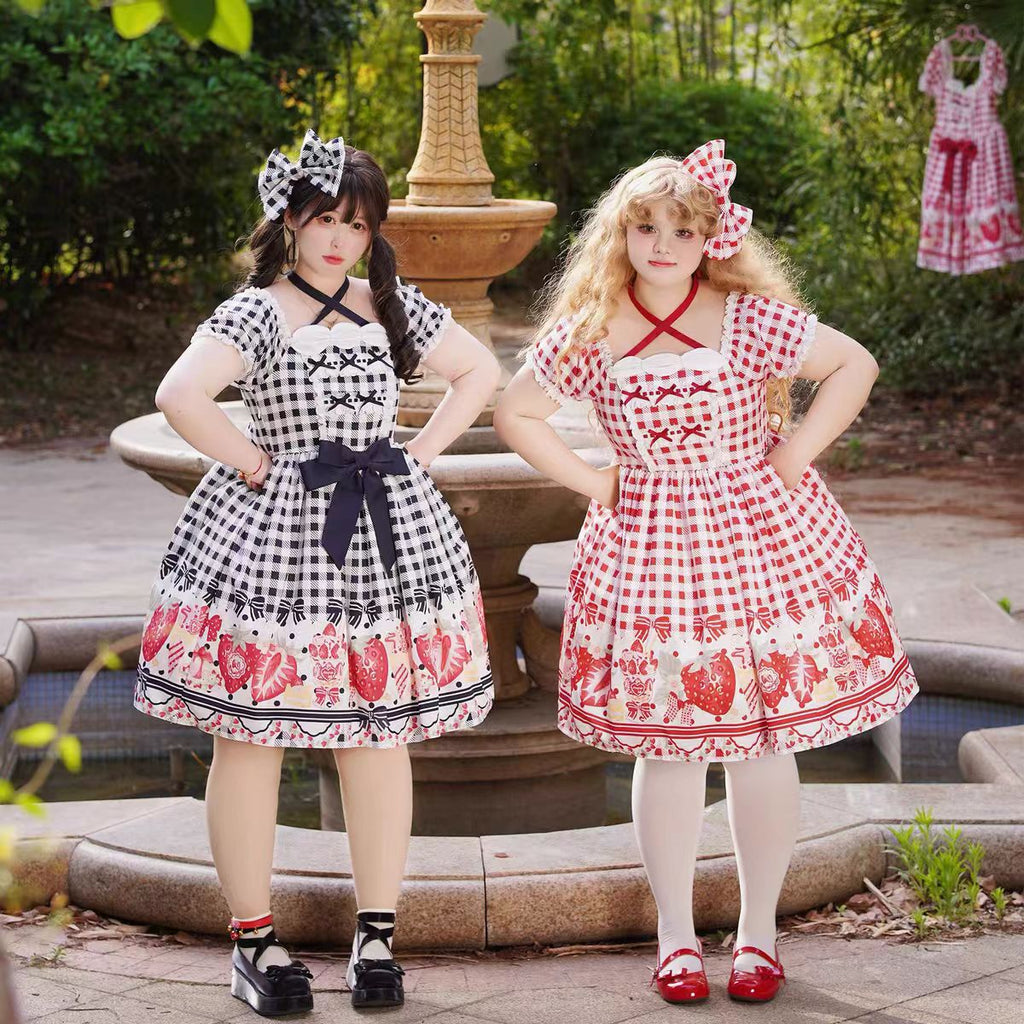 This Cute Black Red Plaid Strawberry Lolita Princess Dress captures the charm of cottage-inspired sweetness. Designed in a plus size friendly cut, it features playful plaid in contrasting black and red tones, adorned with delicate strawberry motifs for a fresh countryside feel. The princess silhouette enhances elegance, while ruffles and bowknot details add girlish charm. Perfect for daily wear, tea parties, or seasonal outings, this dress blends comfort, sweetness, and rustic romance.