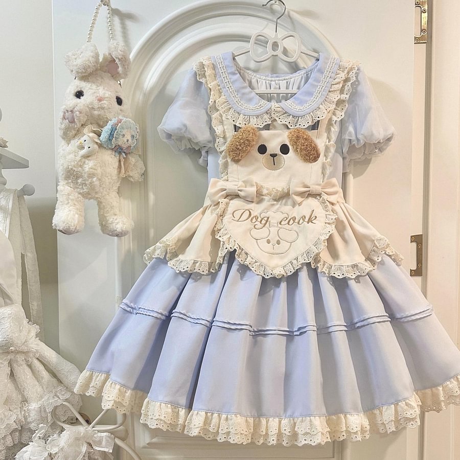 Sweet Lolita Cute Blue Puppy Chef Little Cake Lolita Set One Piece Dress
