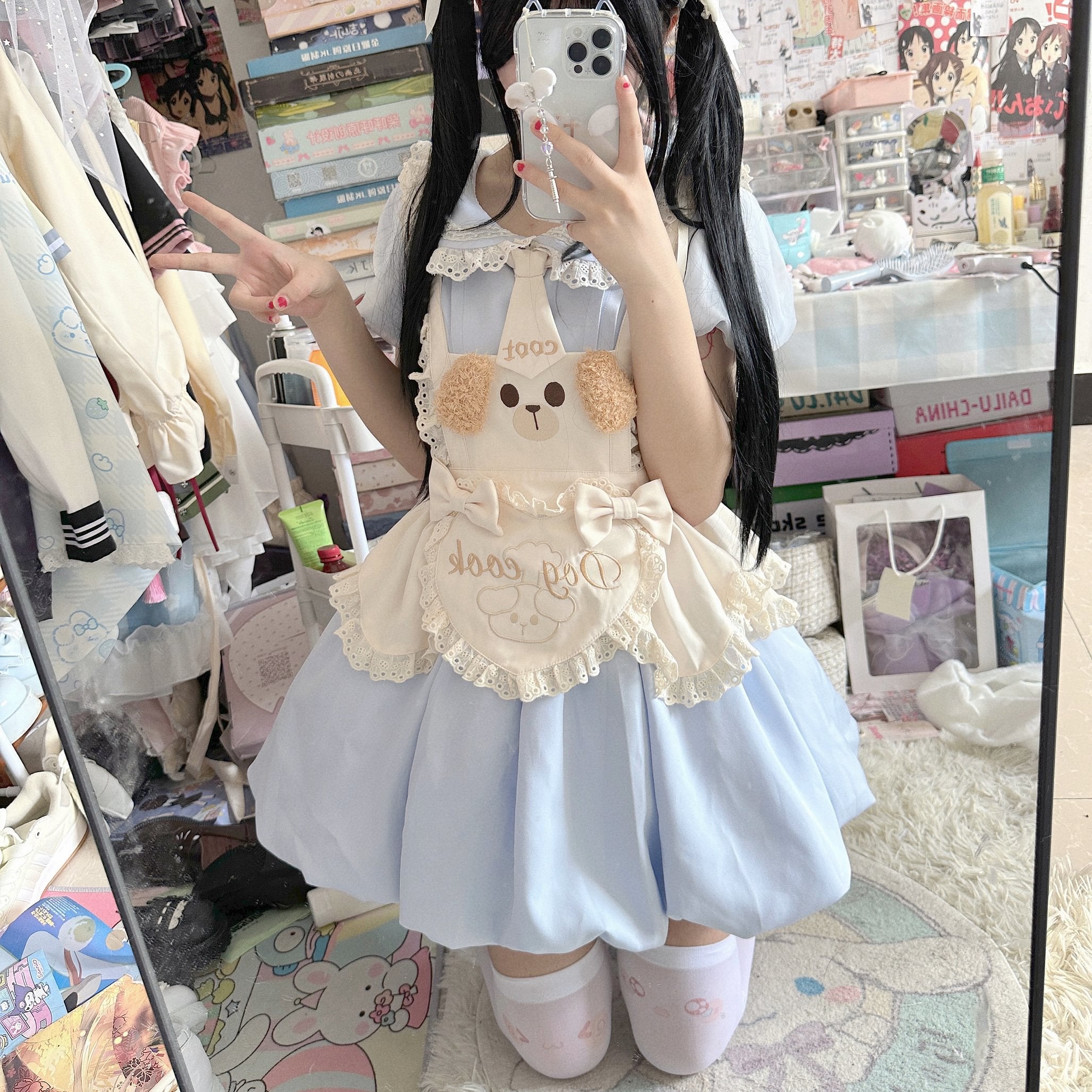 Sweet Lolita Cute Blue Puppy Chef Little Cake Lolita Set One Piece Dress