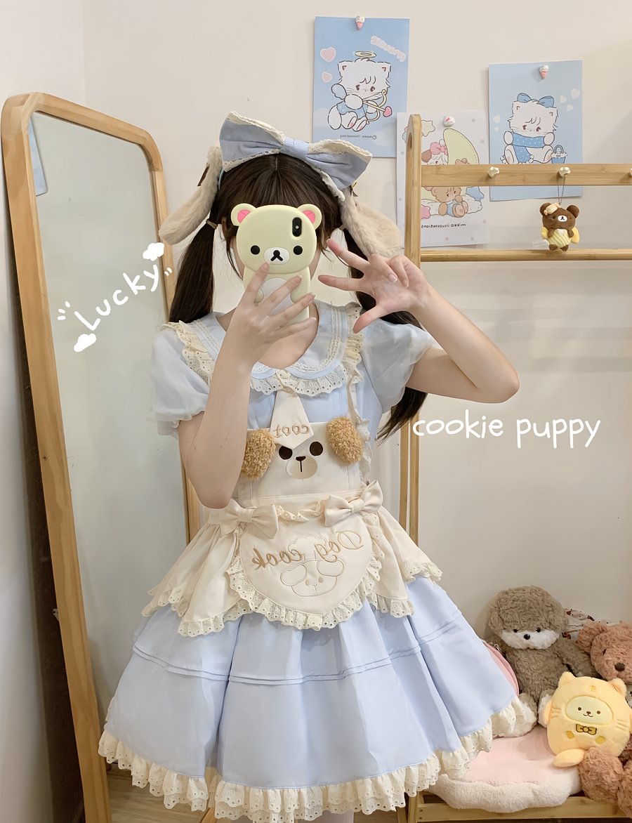 Sweet Lolita Cute Blue Puppy Chef Little Cake Lolita Set One Piece Dress