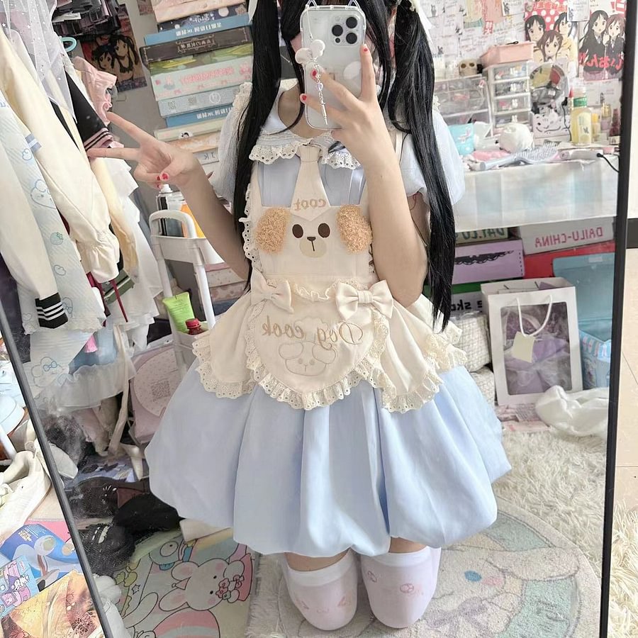 Sweet Lolita Cute Blue Puppy Chef Little Cake Lolita Set One Piece Dress