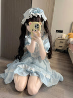 Sweet Lolita Cute Blue and Pink Little Fly-sleeved Dress Summer Girl Short-sleeved OP