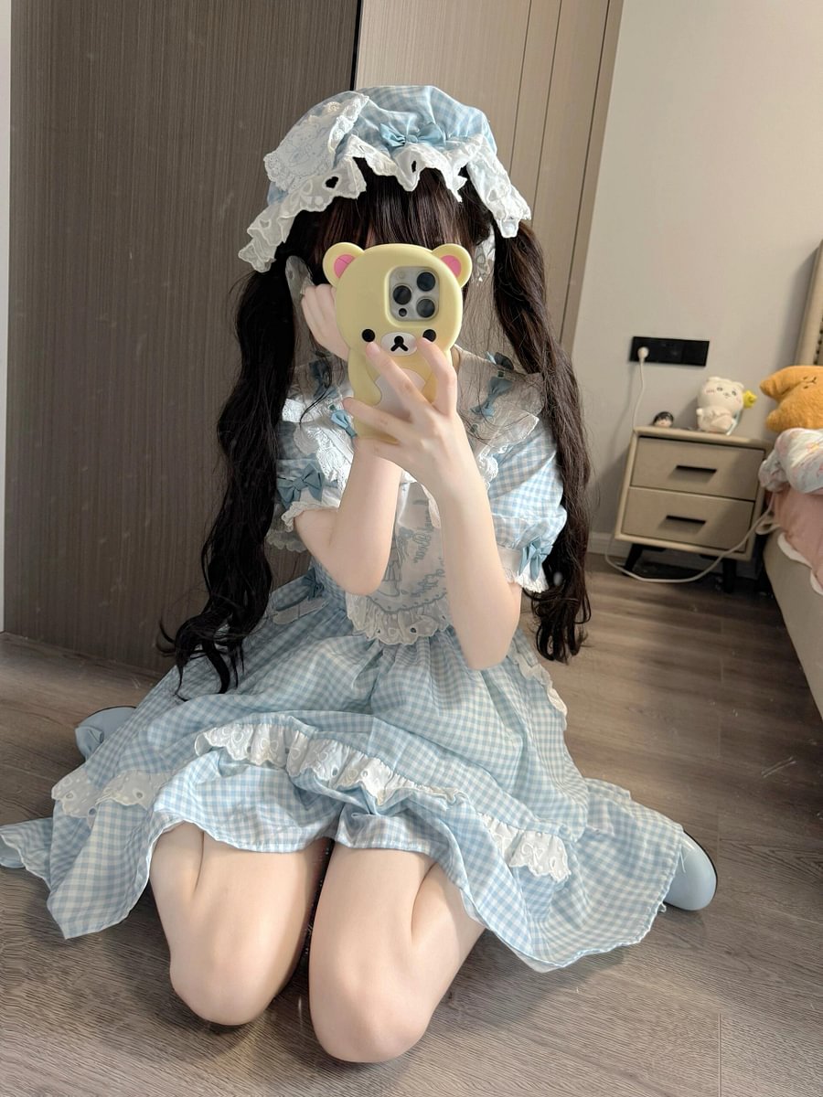 Sweet Lolita Cute Blue and Pink Little Fly-sleeved Dress Summer Girl Short-sleeved OP