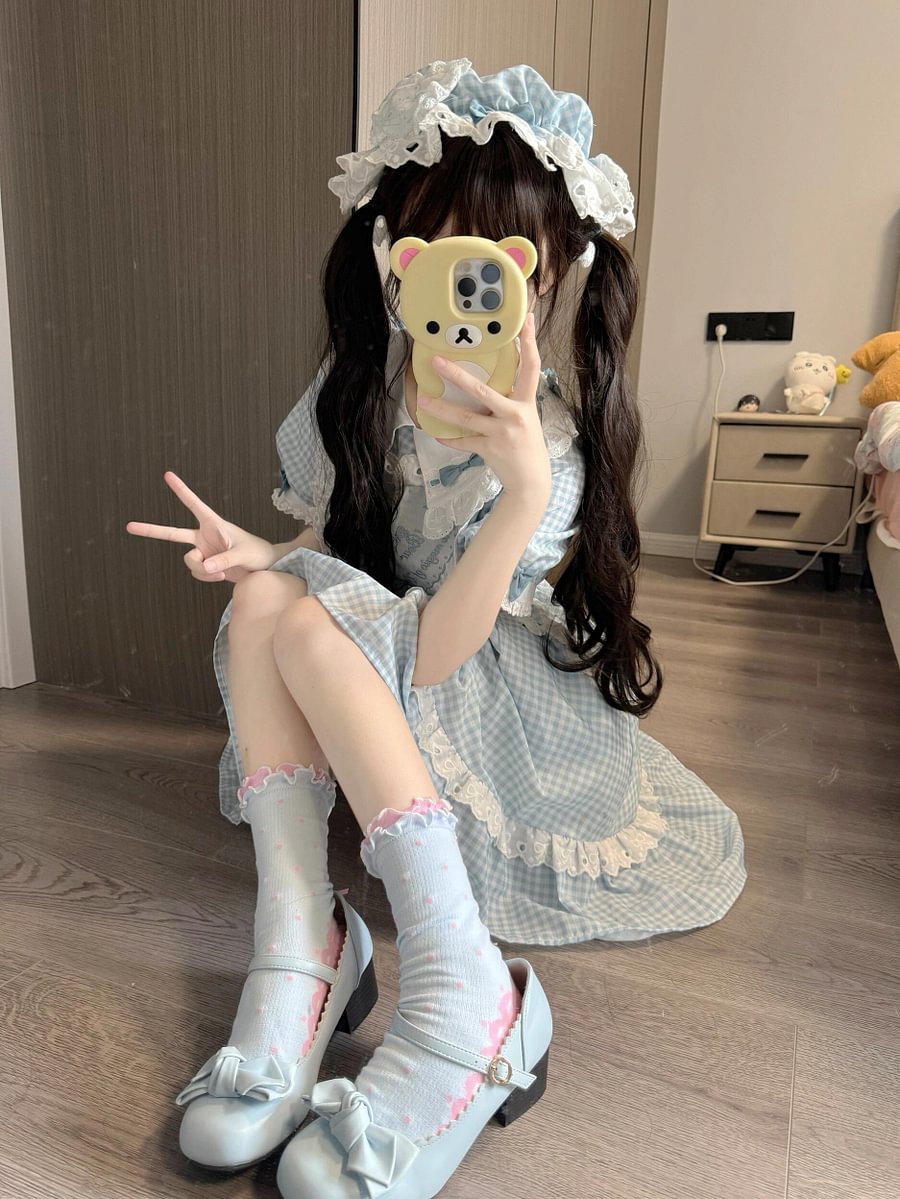 Sweet Lolita Cute Blue and Pink Little Fly-sleeved Dress Summer Girl Short-sleeved OP