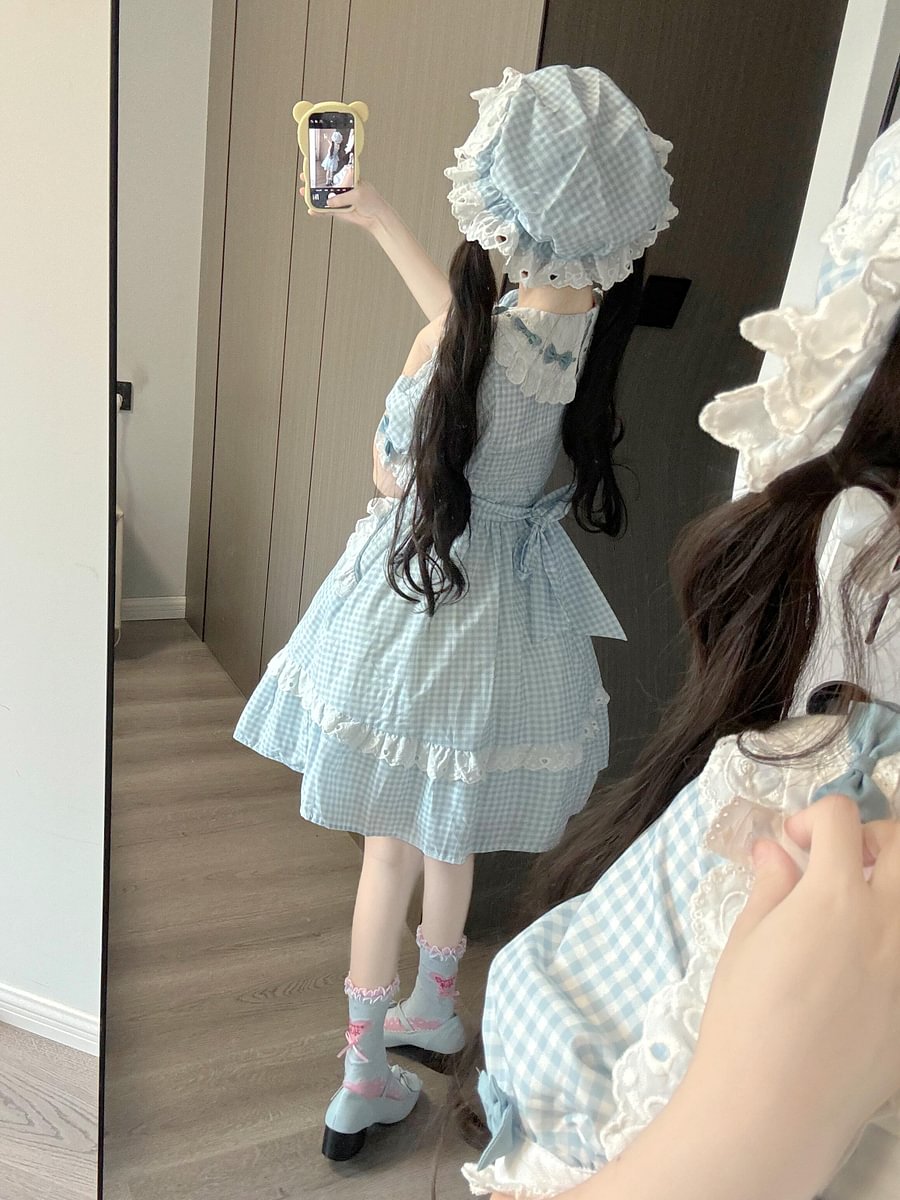 Sweet Lolita Cute Blue and Pink Little Fly-sleeved Dress Summer Girl Short-sleeved OP