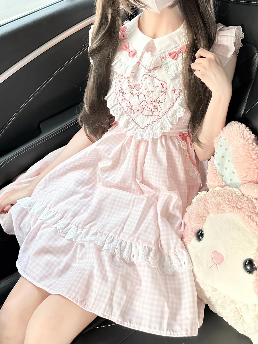 Sweet Lolita Cute Blue and Pink Little Fly-sleeved Dress Summer Girl Short-sleeved OP